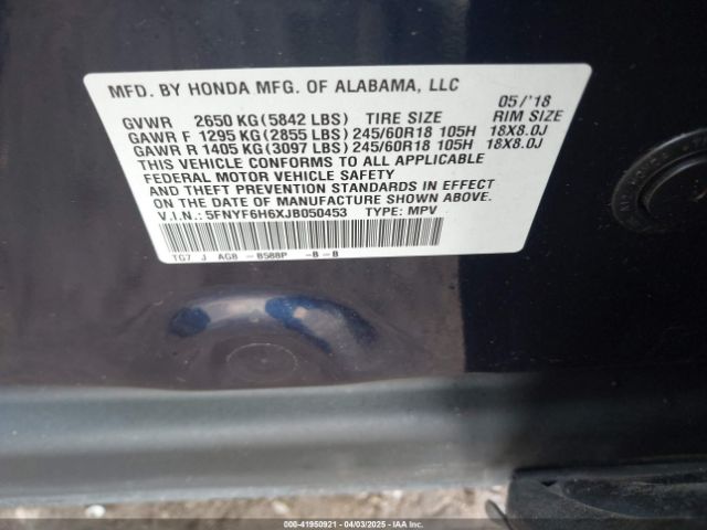 5FNYF6H6XJB050453 Honda Pilot Ex-l