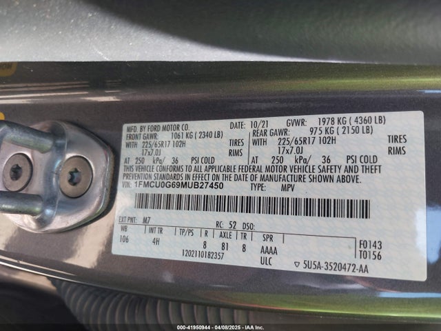 1FMCU0G69MUB27450 Ford ESCAPE SE