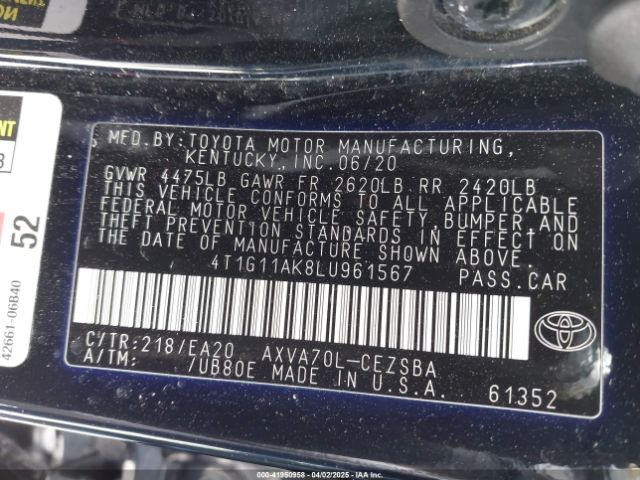 4T1G11AK8LU961567 Toyota CAMRY SE