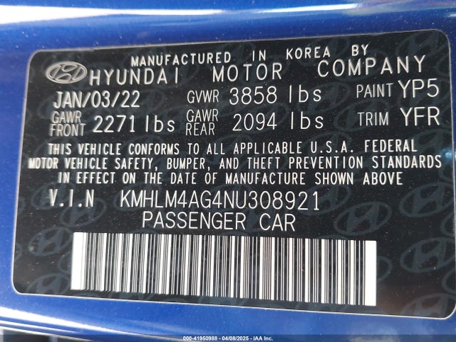 KMHLM4AG4NU308921 Hyundai ELANTRA SEL