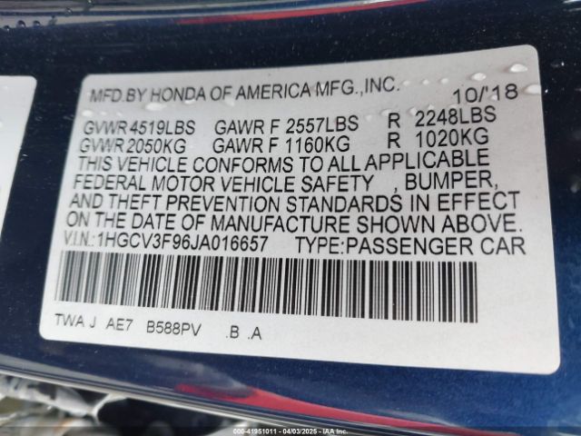 1HGCV3F96JA016657 Honda Accord Hybrid Touring