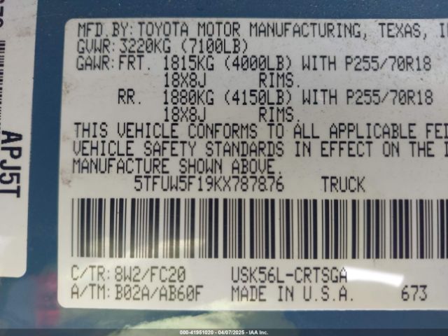 5TFUW5F19KX787876 Toyota Tundra Sr5 5.7l V8