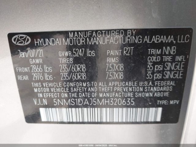 5NMS1DAJ5MH320635 Hyundai Santa Fe Se
