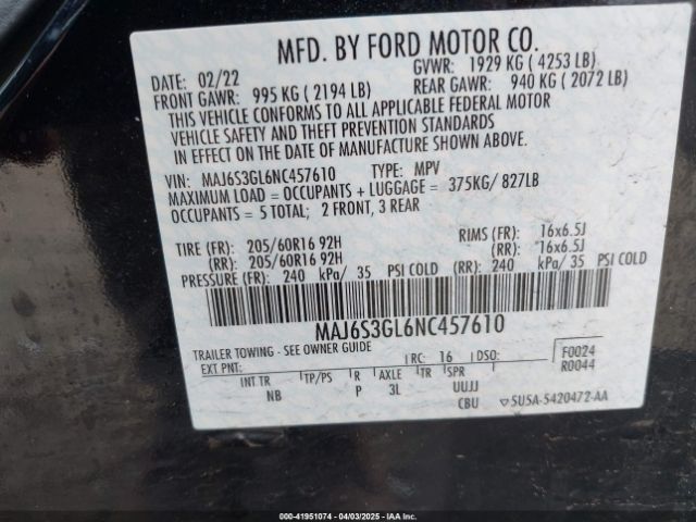 MAJ6S3GL6NC457610 Ford Ecosport Se