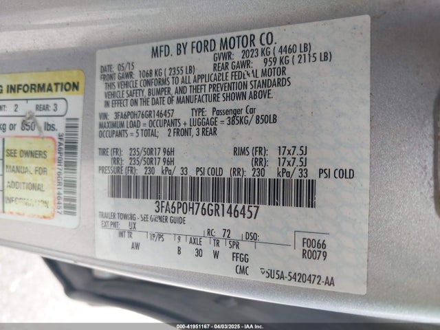 Ford FUSION SE 2016 3FA6P0H76GR146457 Image 9