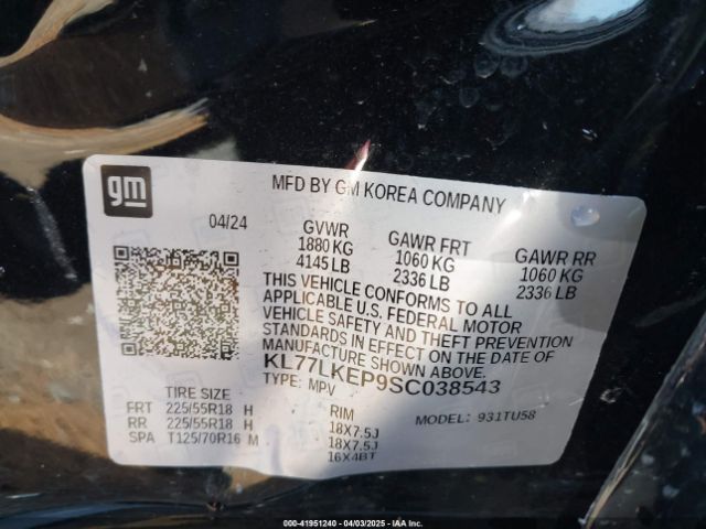 KL77LKEP9SC038543 Chevrolet Trax Fwd Activ