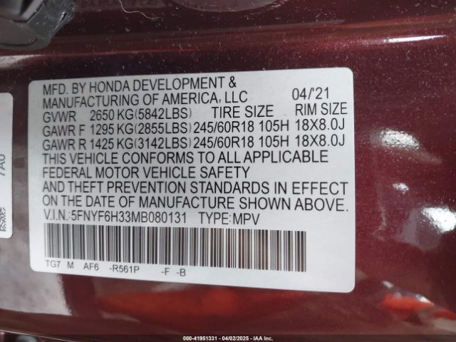 5FNYF6H33MB080131 Honda Pilot Awd Ex