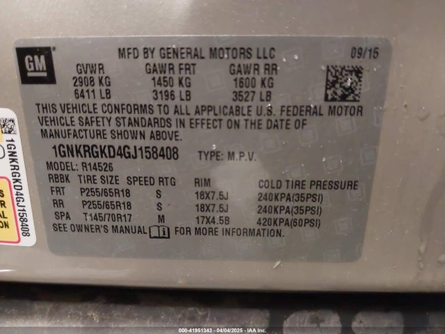 1GNKRGKD4GJ158408 Chevrolet Traverse 1lt