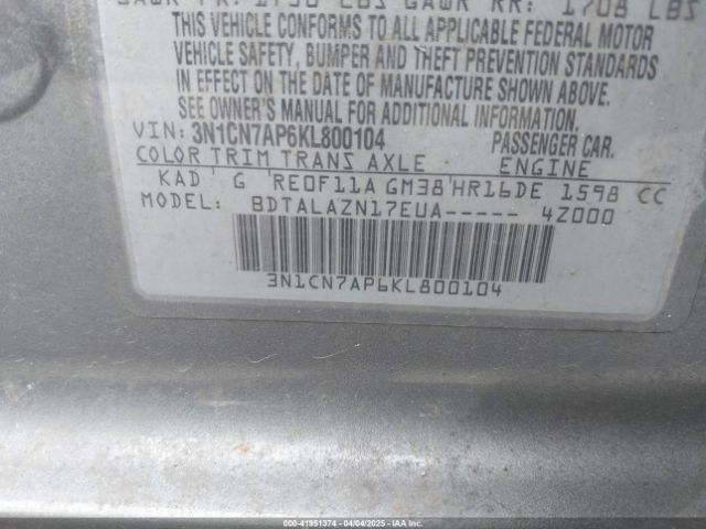 3N1CN7AP6KL800104 Nissan Versa 1.6 S+
