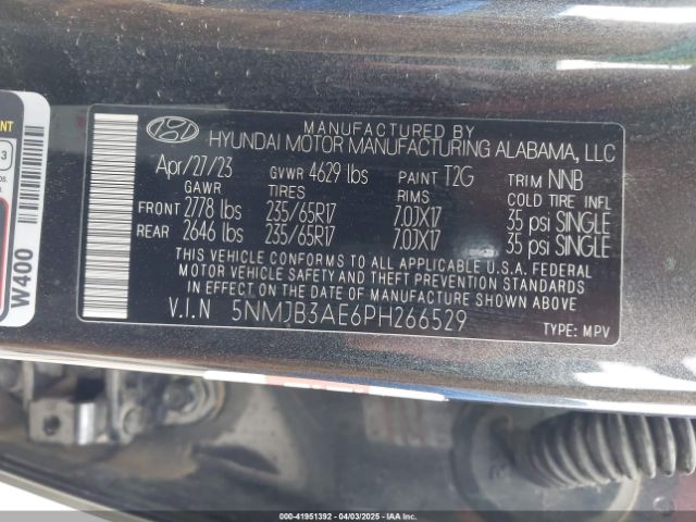 5NMJB3AE6PH266529 Hyundai gdi theta iii