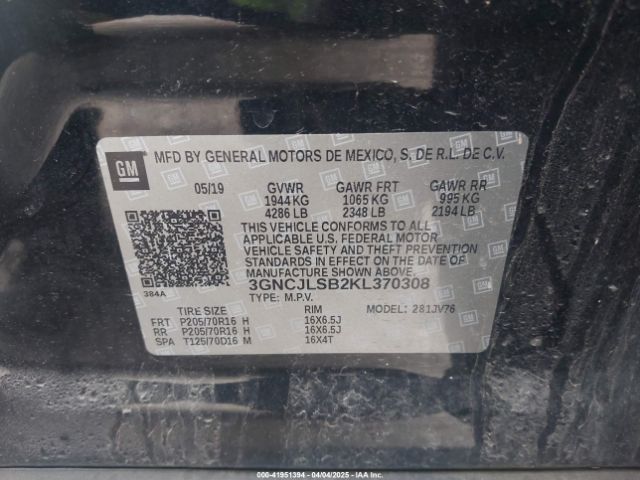 3GNCJLSB2KL370308 Chevrolet Trax Lt