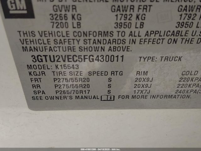 3GTU2VEC5FG430011 GMC Sierra 1500 Slt