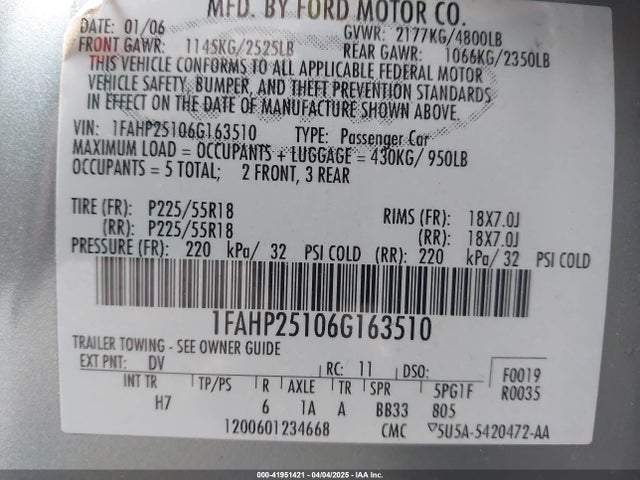 Продаж на аукціоні авто 2006 Ford Five Hundred Limited, vin: 1FAHP25106G163510, номер лоту: 41951421