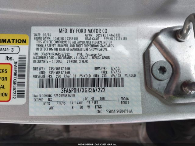 3FA6P0H7XGR367222 Ford FUSION SE