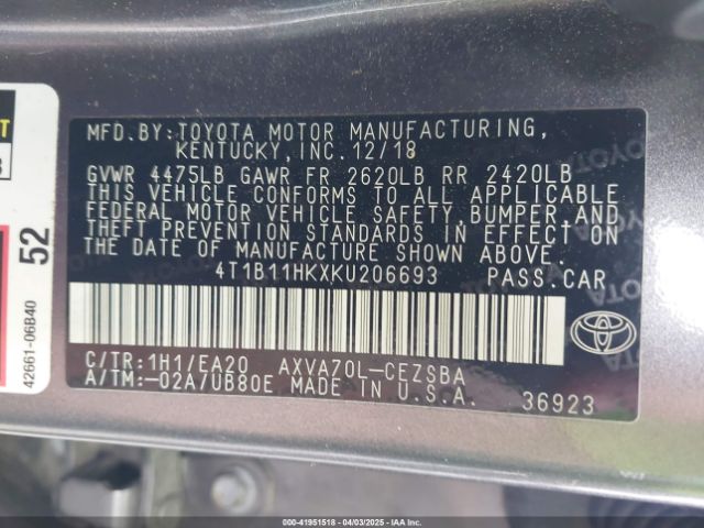 4T1B11HKXKU206693 Toyota CAMRY SE