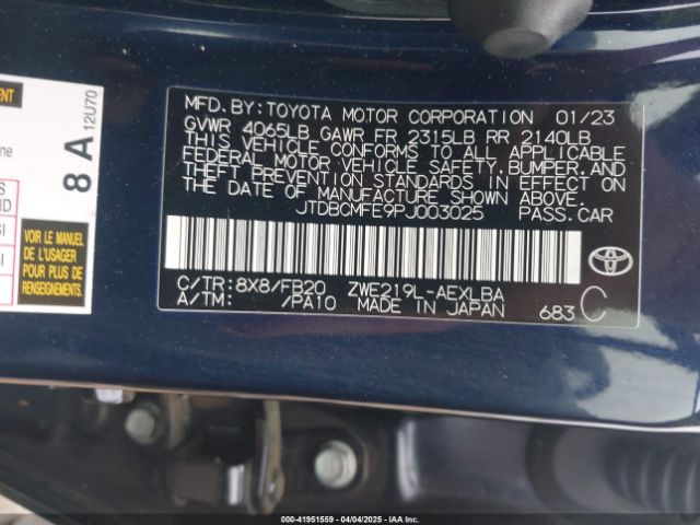 JTDBCMFE9PJ003025 Toyota Corolla Hybrid Le