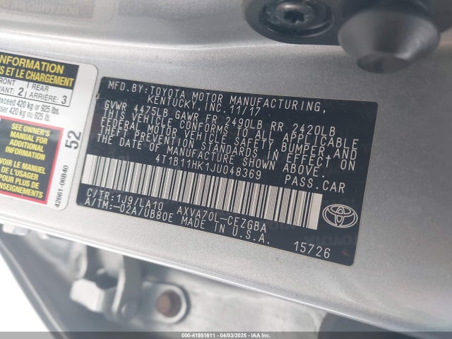 4T1B11HK1JU048369 Toyota CAMRY XLE