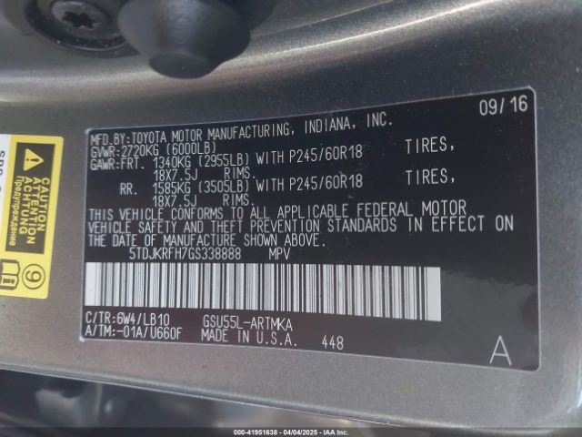 5TDJKRFH7GS338888 Toyota Highlander Xle V6