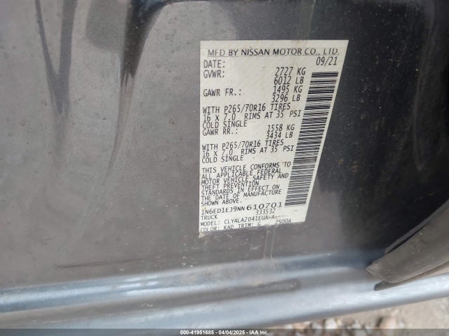 1N6ED1EJ9NN610701 Nissan Frontier S 4x2