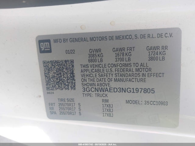 3GCNWAED3NG197805 Chevrolet Silverado 1500 Ltd 2wd  Long Bed Wt