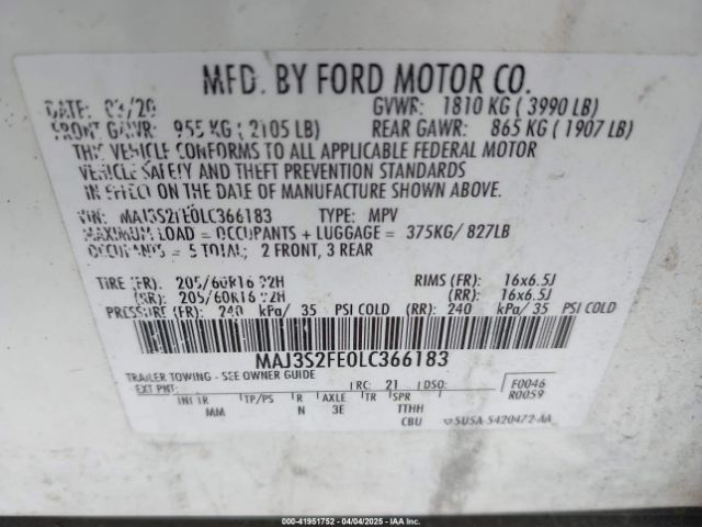 MAJ3S2FE0LC366183 Ford ECOSPORT S