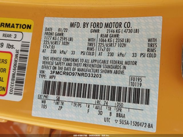 3FMCR9D97NRD33203 Ford Bronco Sport Badlands