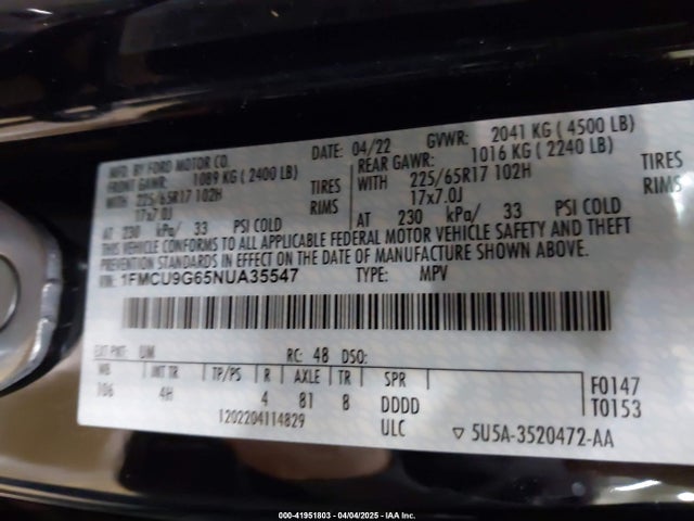 1FMCU9G65NUA35547 Ford ESCAPE SE