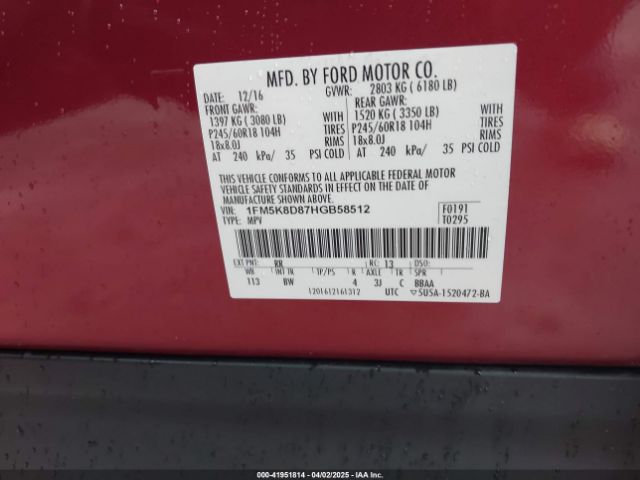 1FM5K8D87HGB58512 Ford EXPLORER XLT