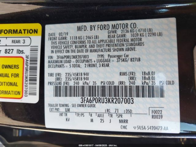 3FA6P0RU3KR207003 Ford Fusion Hybrid Titanium