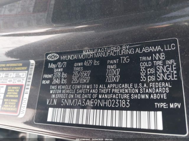 5NMJA3AE9NH023183 Hyundai TUCSON SE
