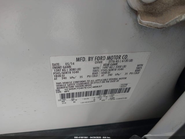 Ford EXPLORER XLT 2014 1FM5K7D87EGC46837 Image 9