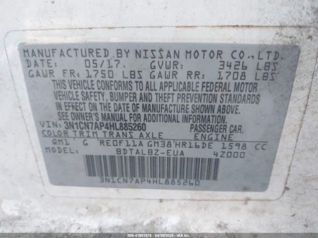 3N1CN7AP4HL885260 Nissan Versa 1.6 Sv