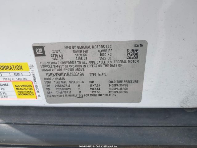 1GKKVRKD1GJ306194 GMC ACADIA SLT