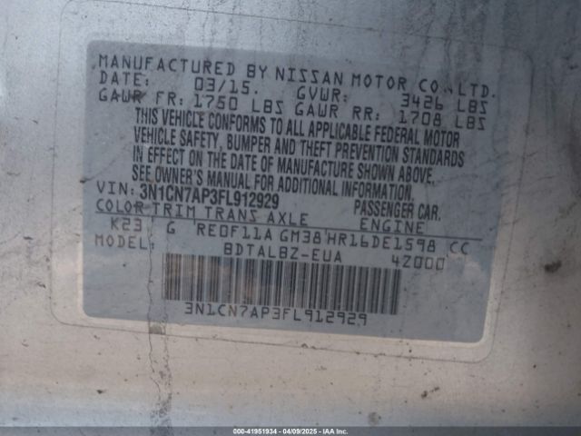 3N1CN7AP3FL912929 Nissan Versa 1.6 Sv