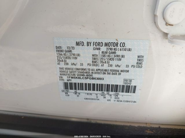1FM5K8LC5PGB63003 Ford Explorer King Ranch