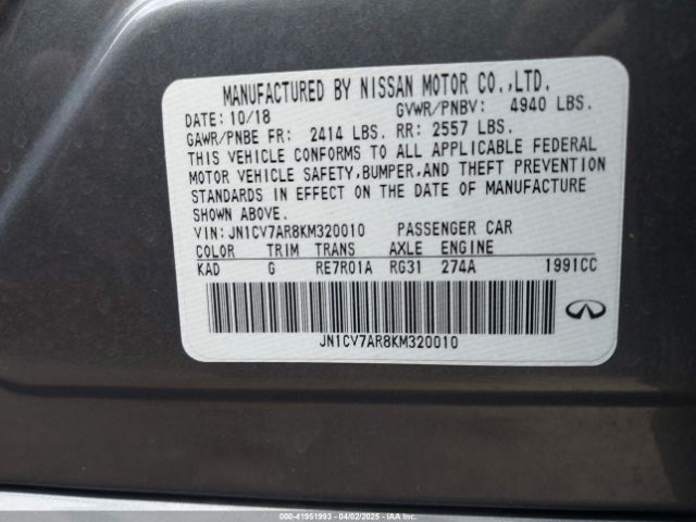JN1CV7AR8KM320010 Infiniti Q50 2.0t Pure