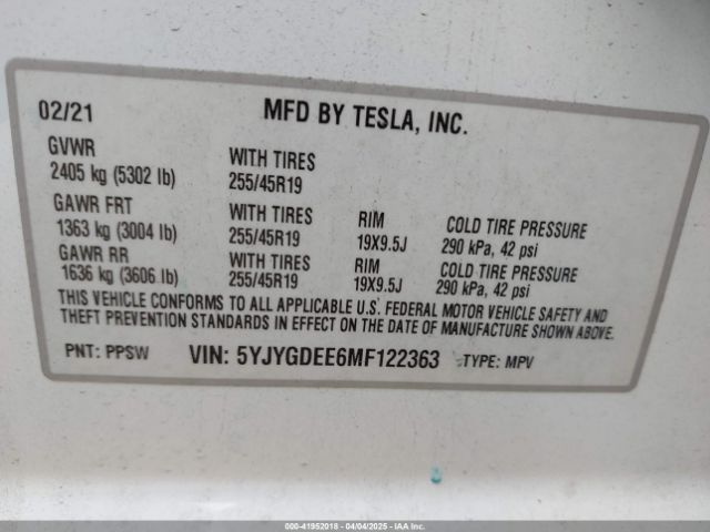 5YJYGDEE6MF122363 Tesla Model Y Long Range Dual Motor All-wheel Drive