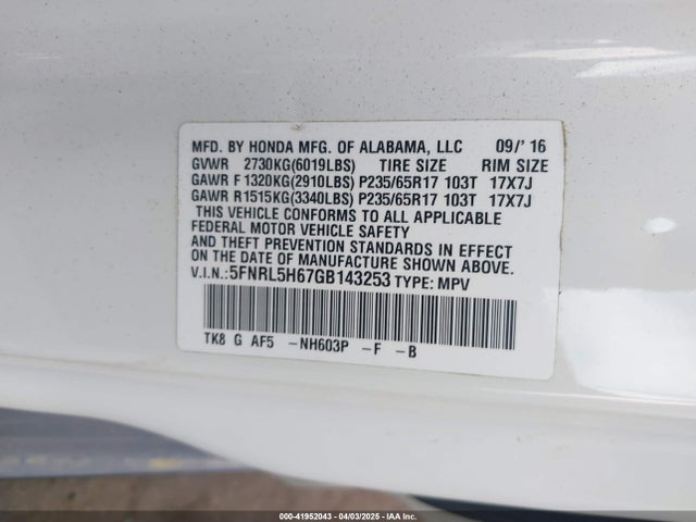 5FNRL5H67GB143253 Honda Odyssey Ex-l