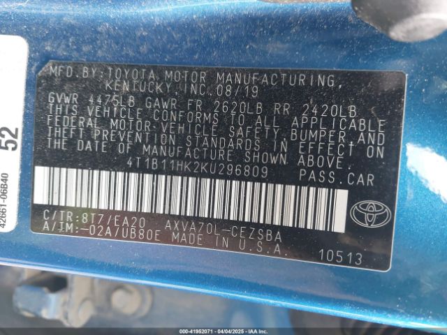 2019 TOYOTA CAMRY 4T1B11HK2KU296809 Photo 8
