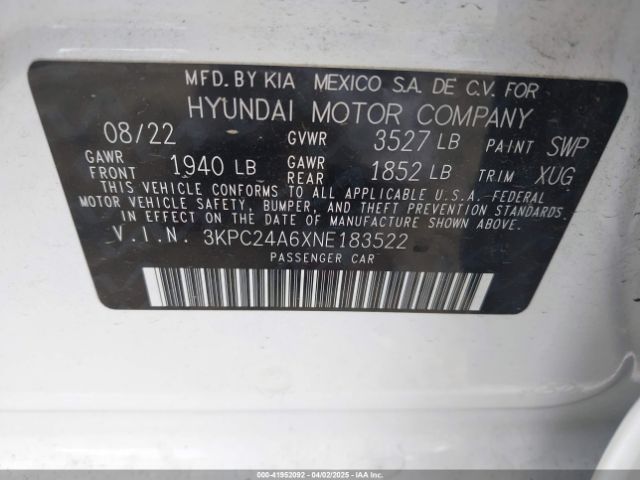 3KPC24A6XNE183522 Hyundai ACCENT SE