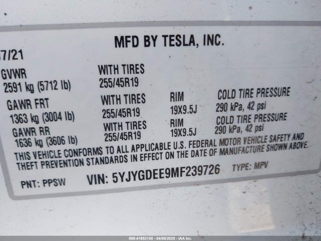 2021 TESLA MODEL Y 5YJYGDEE9MF239726 Photo 8