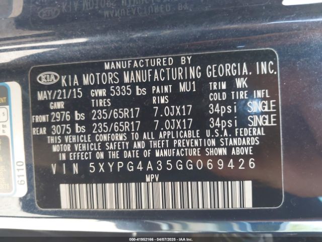 5XYPG4A35GG069426 KIA Sorento 2.4l Lx