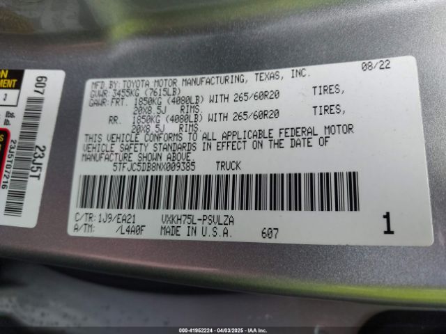 5TFJC5DB8NX009385 Toyota Tundra Hybrid Limited