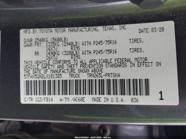 5TFAX5GN2LX181385 Toyota Tacoma Sr