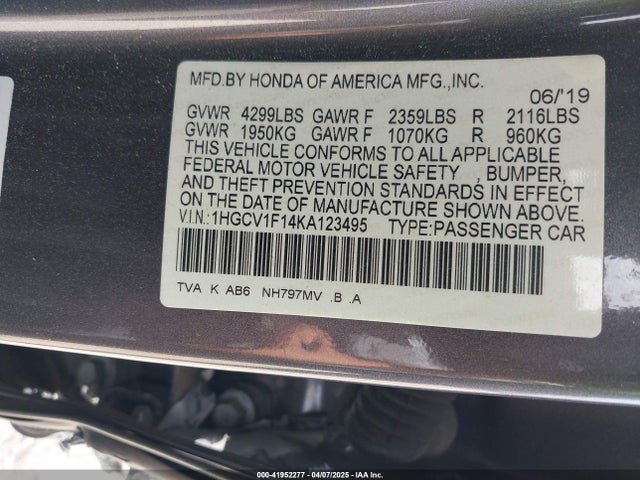 1HGCV1F14KA123495 Honda l15be
