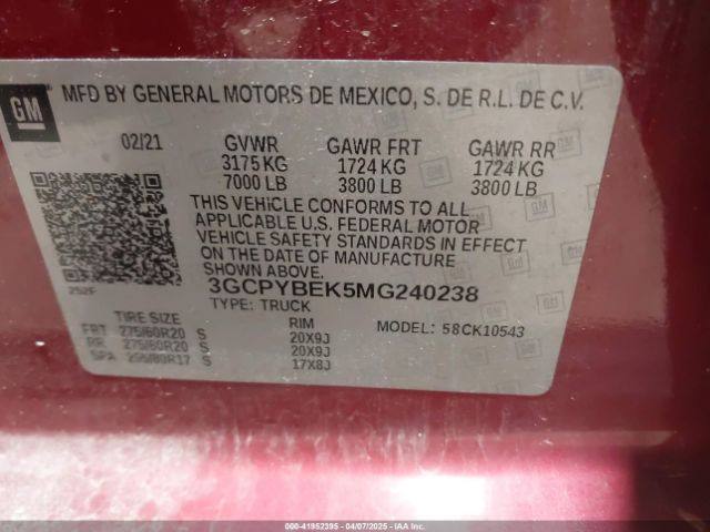 3GCPYBEK5MG240238 Chevrolet Silverado 1500 4wd  Short Bed Custom