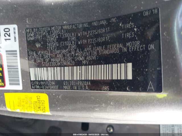 5TDYZ3DC8KS969639 Toyota Sienna Xle 8 Passenger