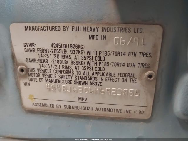1991 SUBARU LEGACY 4S4BJ63C6M6923855 Photo 8