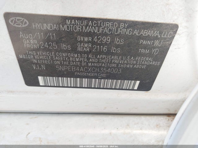 Aukcja sprzedaży 2012 Hyundai Sonata Gls, vin: 5NPEB4ACXCH354003, numer aukcji: 41952545