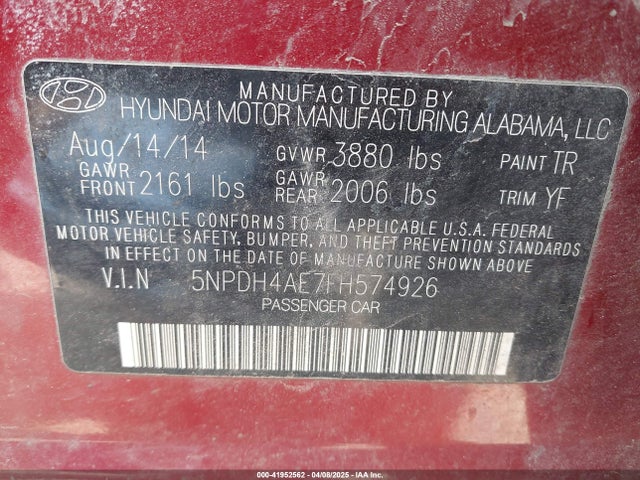 5NPDH4AE7FH574926 Hyundai ELANTRA SE